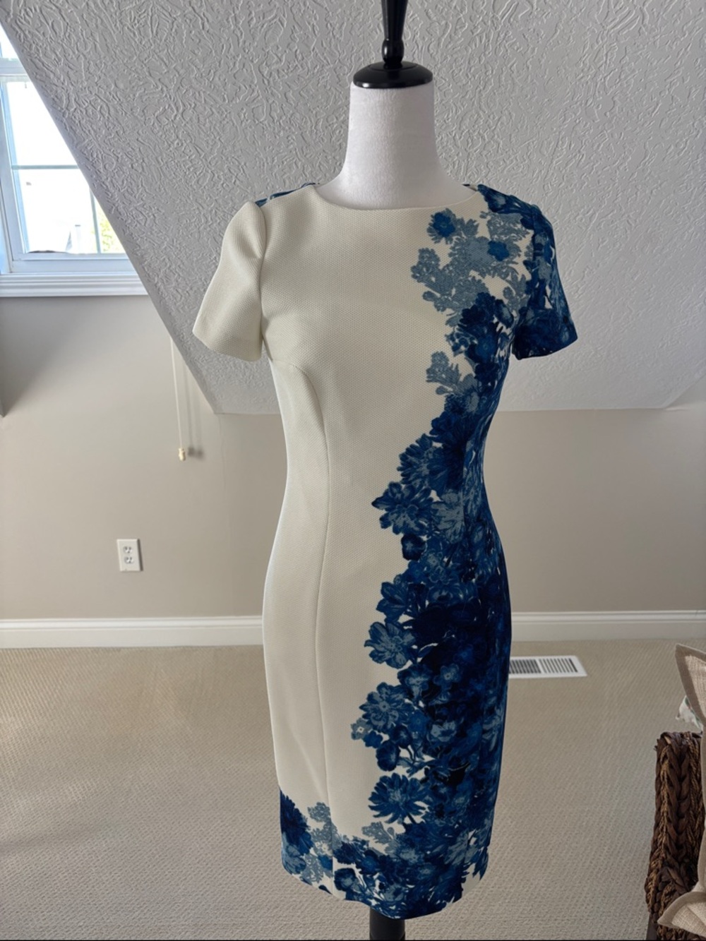 Adrianna Papell Ivory Midi Dress with Blue Floral Print